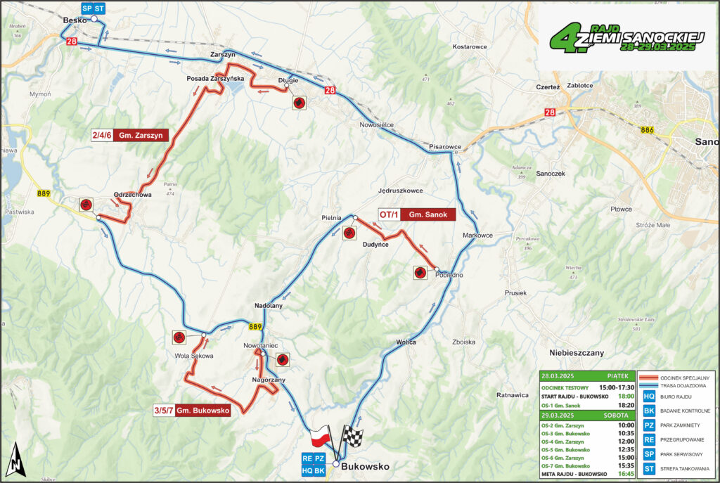 Mapa całego rajdu przedstawiająca wszystkie trasy 4. Rajd Ziemi Sanockiej